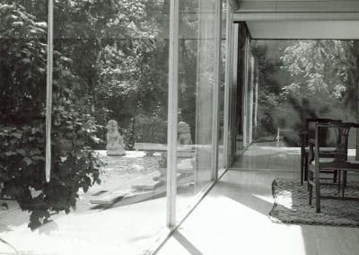 Lions outside of the Farnsworth House, Plano, IL, undated. Courtesy of the Newberry Library, Midwest MS Farnsworth, Bx.1 Fl.13, Ludwig Mies van der Rohe house. (3 of 5)