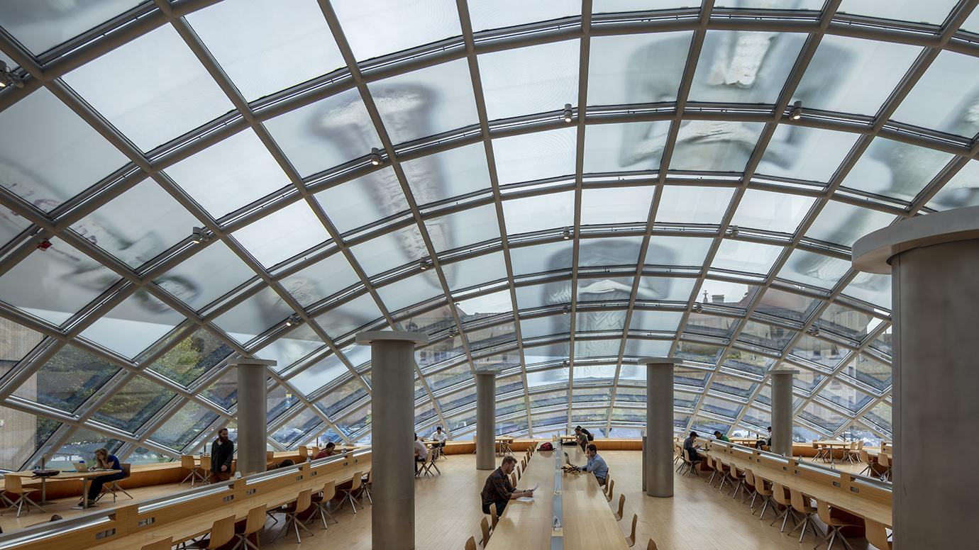 Ghostly images of ancient artifacts look down in a glass-roofed reading room