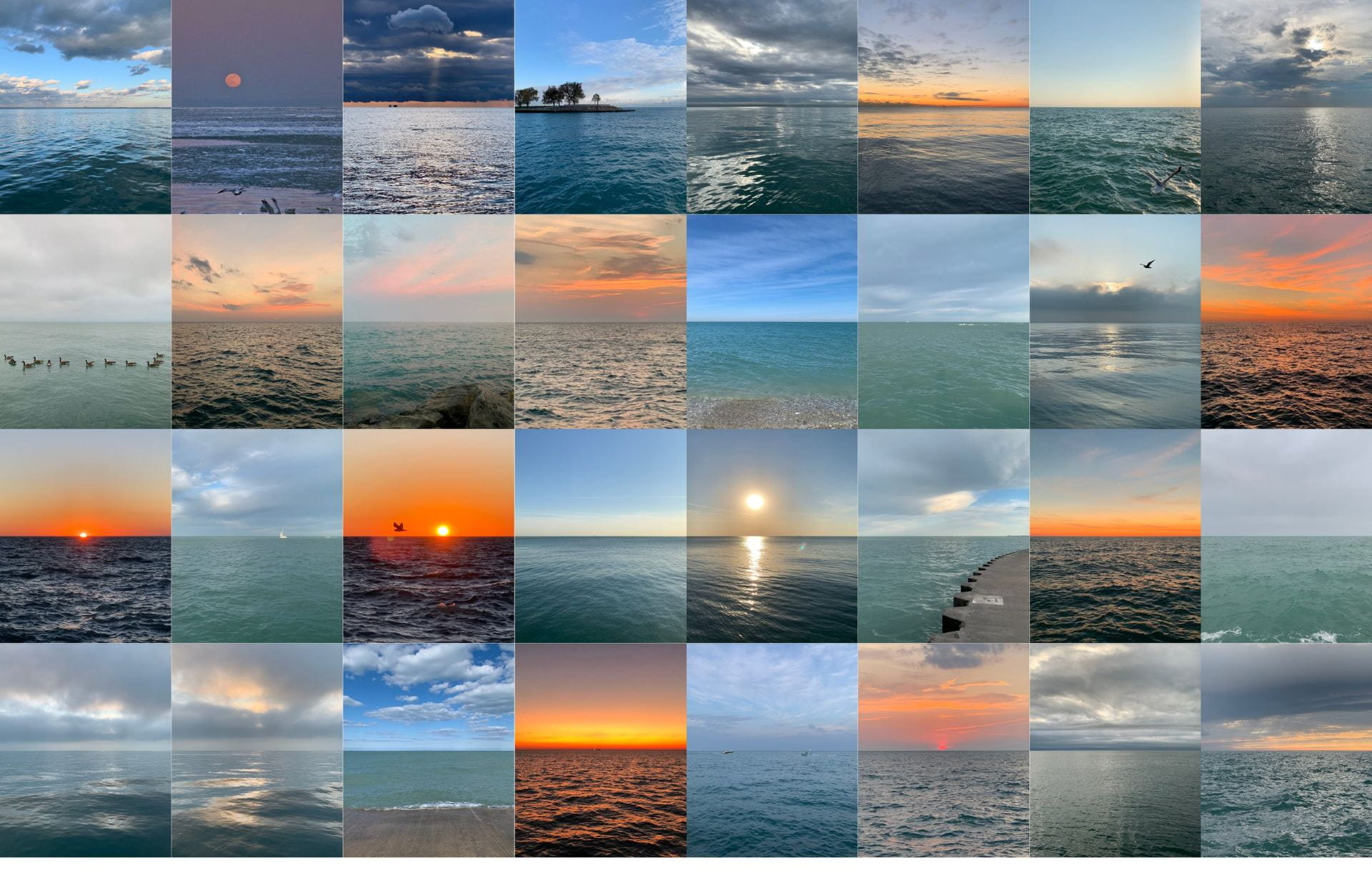 A grid of different views of the horizon of Lake Michigan